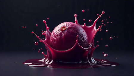 Exotic fruit splashes in rich, dark red liquidの写真素材