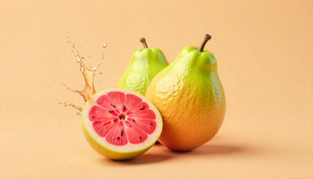 Fresh pears and a citrus fruit half with splashの写真素材