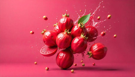 Fresh Pomegranates with Water Splash on Pink Backgroundの写真素材