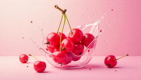 Cherries in a bowl with water splash effectの写真素材