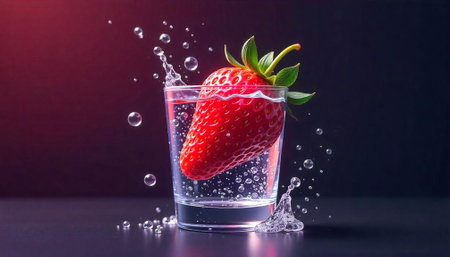 Strawberry refreshment: A ripe berry in a glass with bubblesの写真素材