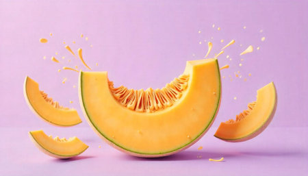 Slices of cantaloupe with splash on a pastel backgroundの写真素材