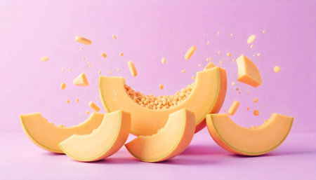 Cantaloupe slices with floating pieces on purple background