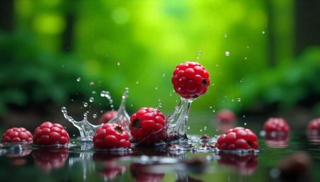 Fresh raspberries in water with splash, lush greeneryの写真素材