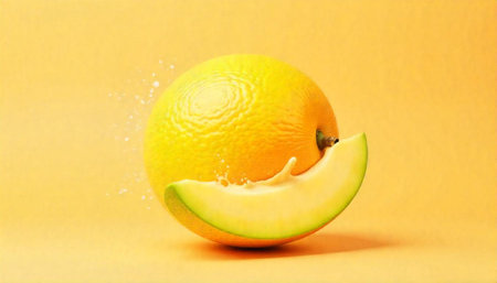 Vibrant melon with slice and splash on yellow backdropの写真素材