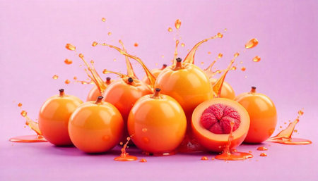 Bright orange fruits with juice splash on pastel backdropの写真素材