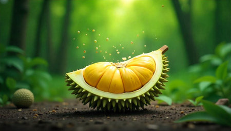 Durian fruit segment in natural green forest environmentの写真素材