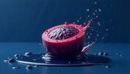Dramatic half of a pomegranate with splash and dropsの写真素材