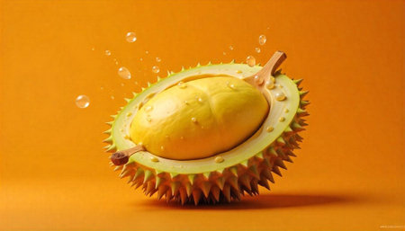 Sliced Durian on Orange Background with Water Dropletsの写真素材