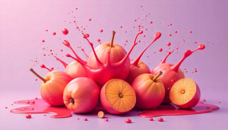 Vibrant peaches with striking red paint splash on pastel surfaceの写真素材