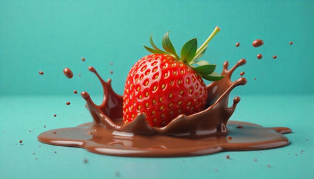 Strawberry falling into chocolate splash on light blue backdropの写真素材
