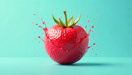 Fresh strawberry with juice splashing on a bright backgroundの写真素材