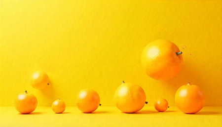 Vibrant yellow still life of various sized orangesの写真素材
