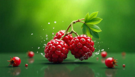 Bright red berries with green leaves and water droplets
