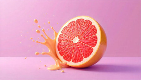 Grapefruit slice splash, refreshing and vibrant on pink backgroundの写真素材