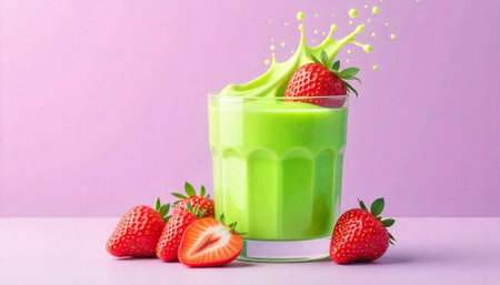 Vibrant strawberry smoothie with splashing effect, refreshing healthy drinkの写真素材