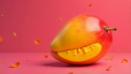 Ripe mango on pink backdrop with floating peel piecesの写真素材