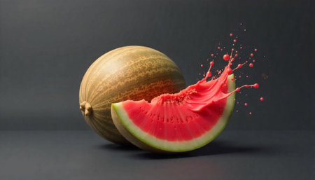 Still life of whole melon and slice with splashの写真素材
