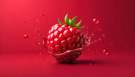 Ripe raspberry with a splash on vibrant red backgroundの写真素材