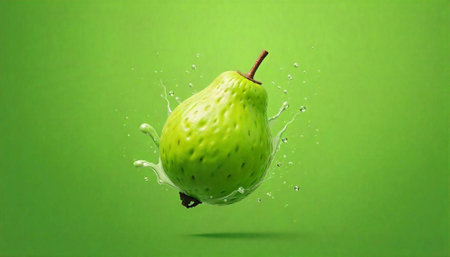 Green pear surrounded by water droplets, studio shotの写真素材