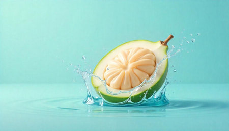 Half pomelo fruit with water splash on blue backgroundの写真素材