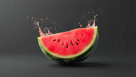 Watermelon slice splashing on dark background studio shotの写真素材