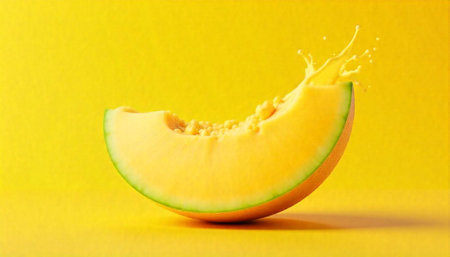 Melon slice with splash on a vibrant yellow backgroundの写真素材