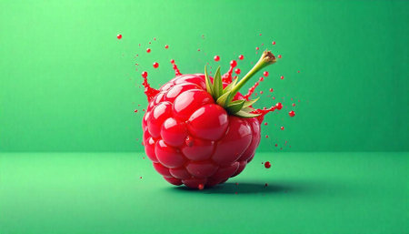 Vibrant raspberry with splash on solid green backgroundの写真素材
