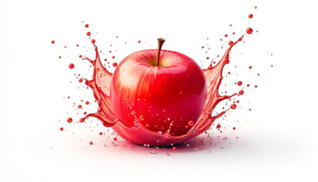 Red apple with juice splash on a white backgroundの写真素材