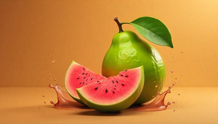 Abstract fruit fusion green pear and watermelon slices splashの写真素材