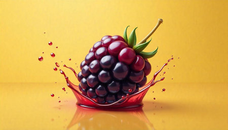 Blackberry splashing juice on yellow background, illustrative delicious effect