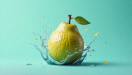 Fresh pear with water splash on light blue backdropの写真素材