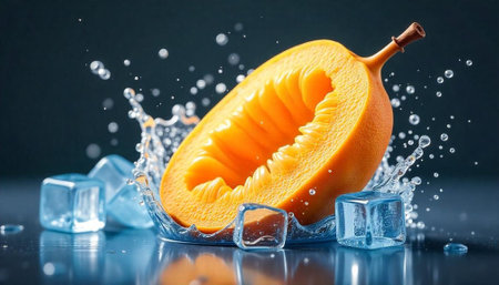 Granadilla with ice cubes creating splashes on reflective surface