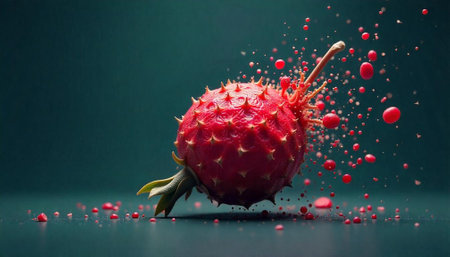 Abstract Red Fruit with Spikes and Floating Red Dropsの写真素材
