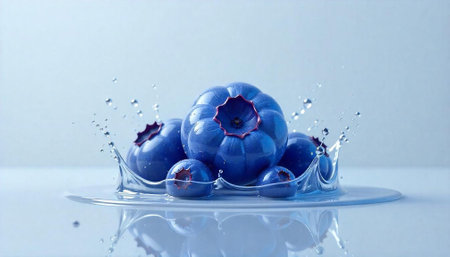 Fresh blueberries splashing into water on a pale backgroundの写真素材