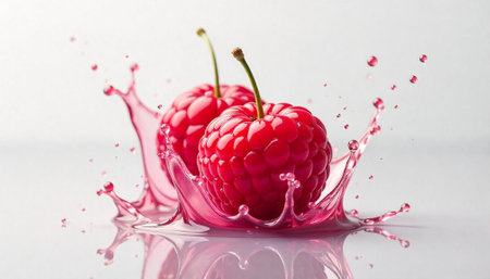 Vibrant raspberries surrounded by a splash of juice, vivid colorsの写真素材