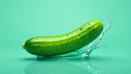 Fresh cucumber with water droplets on light green backgroundの写真素材