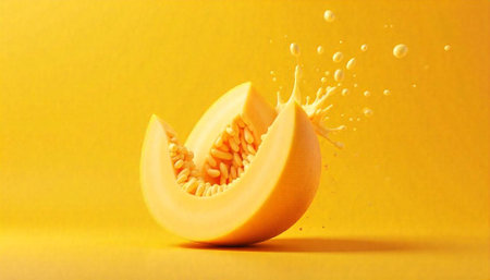 Fresh melon slice with splash against a solid yellow backdropの写真素材