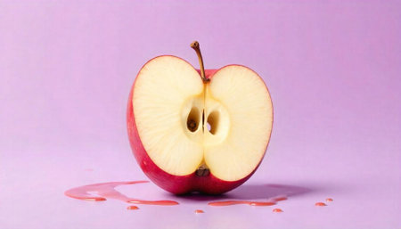 Halved red apple dripping juice on light purple backgroundの写真素材