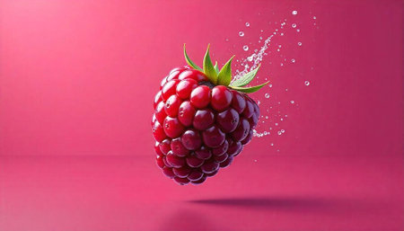 Raspberry still life with water droplets on pink backdropの写真素材