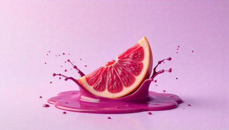 Grapefruit slice with a vibrant splash on light purple background