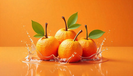 Vibrant tangerine fruits with leaves and splash backgroundの写真素材