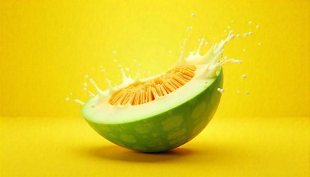 Half melon with creamy splash on vibrant yellow backdropの写真素材