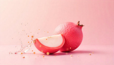 Two lychee fruits with water splash on pink background