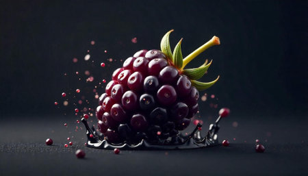 Close up of ripe blackberry with splash effect isolatedの写真素材