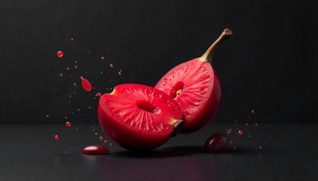 Sliced plum with juice droplets on black backgroundの写真素材