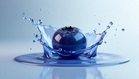 Blueberry splash into pool of water on light backgroundの写真素材