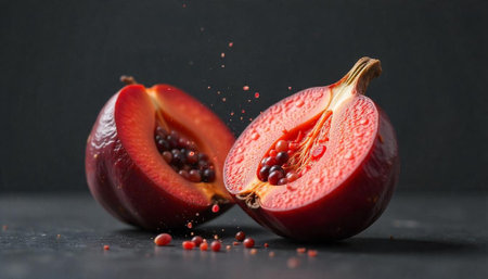 Halved plum fruit showing seeds and juice dropletsの写真素材