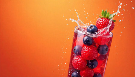Refreshing fruit cocktail in glass with splashing water effectの写真素材