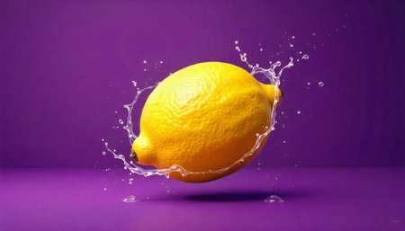 Lemon splash against vibrant purple background conveying freshnessの写真素材